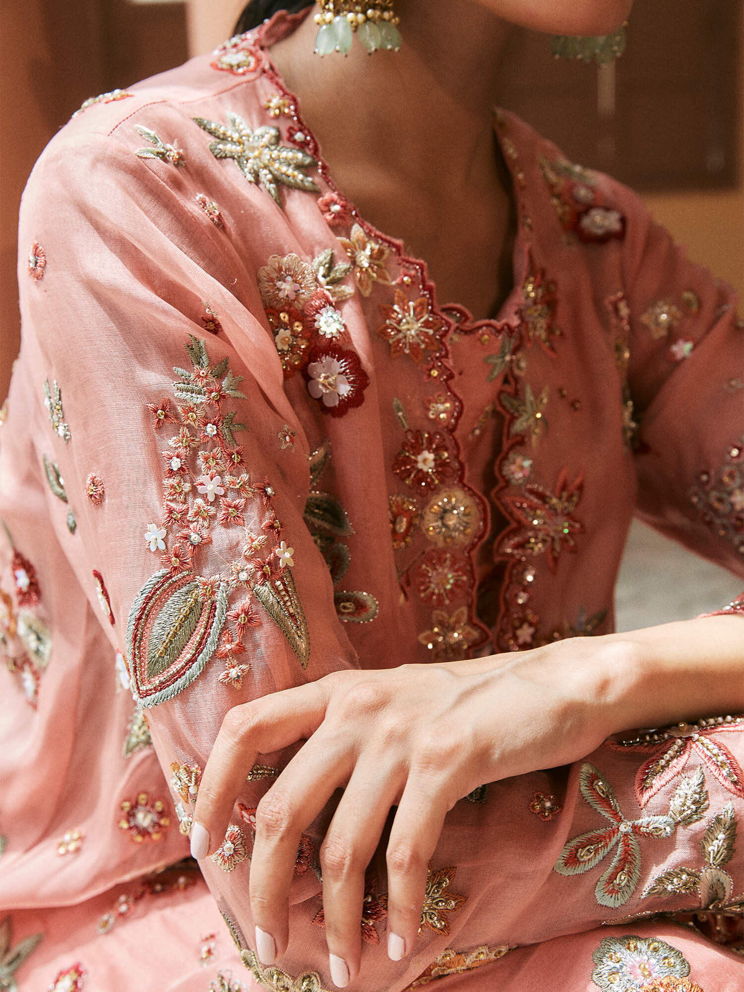 Coral Embroidered Organza Coat 3-Piece Set - Image 2