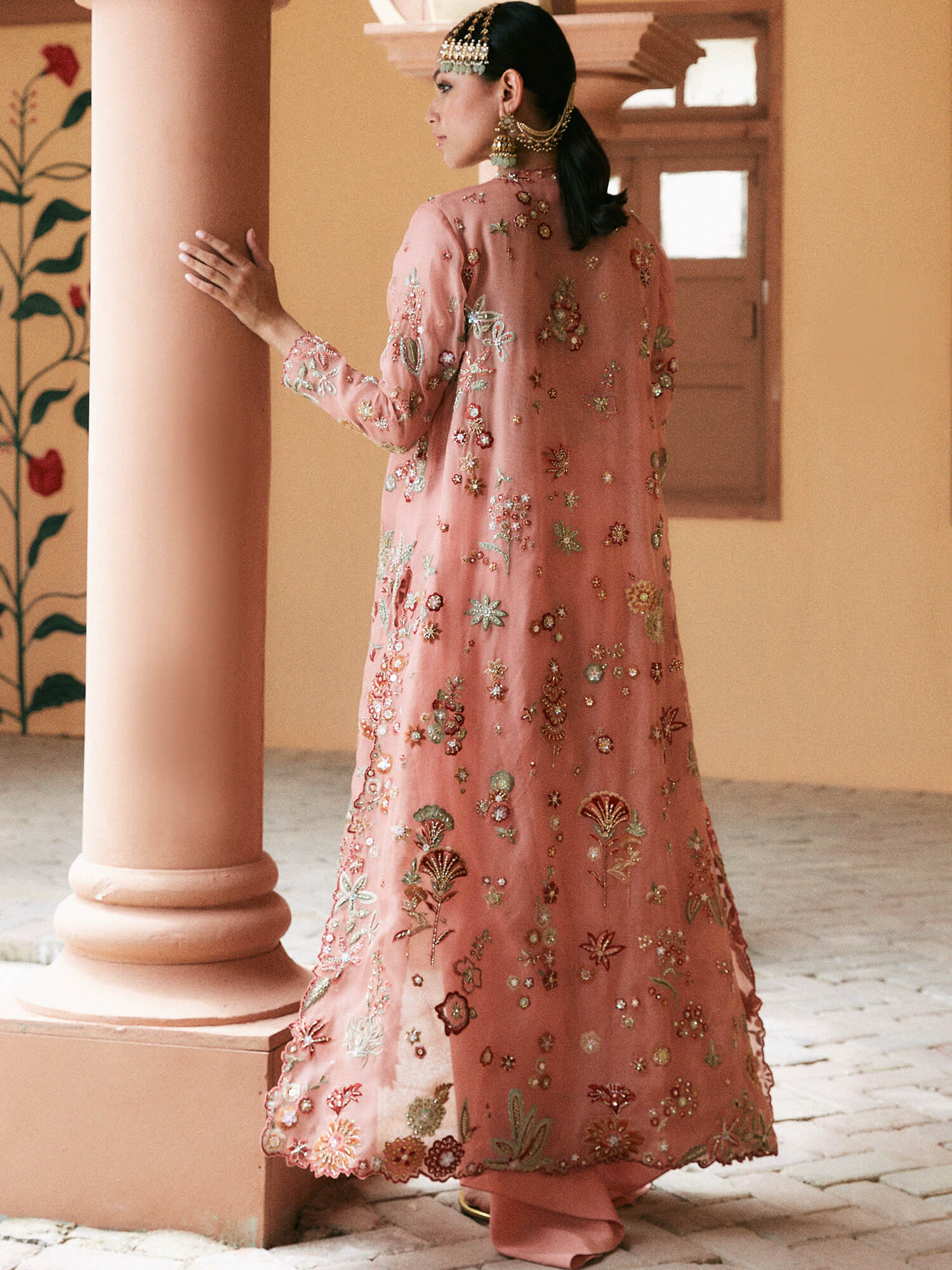 Coral Embroidered Organza Coat 3-Piece Set - Image 3