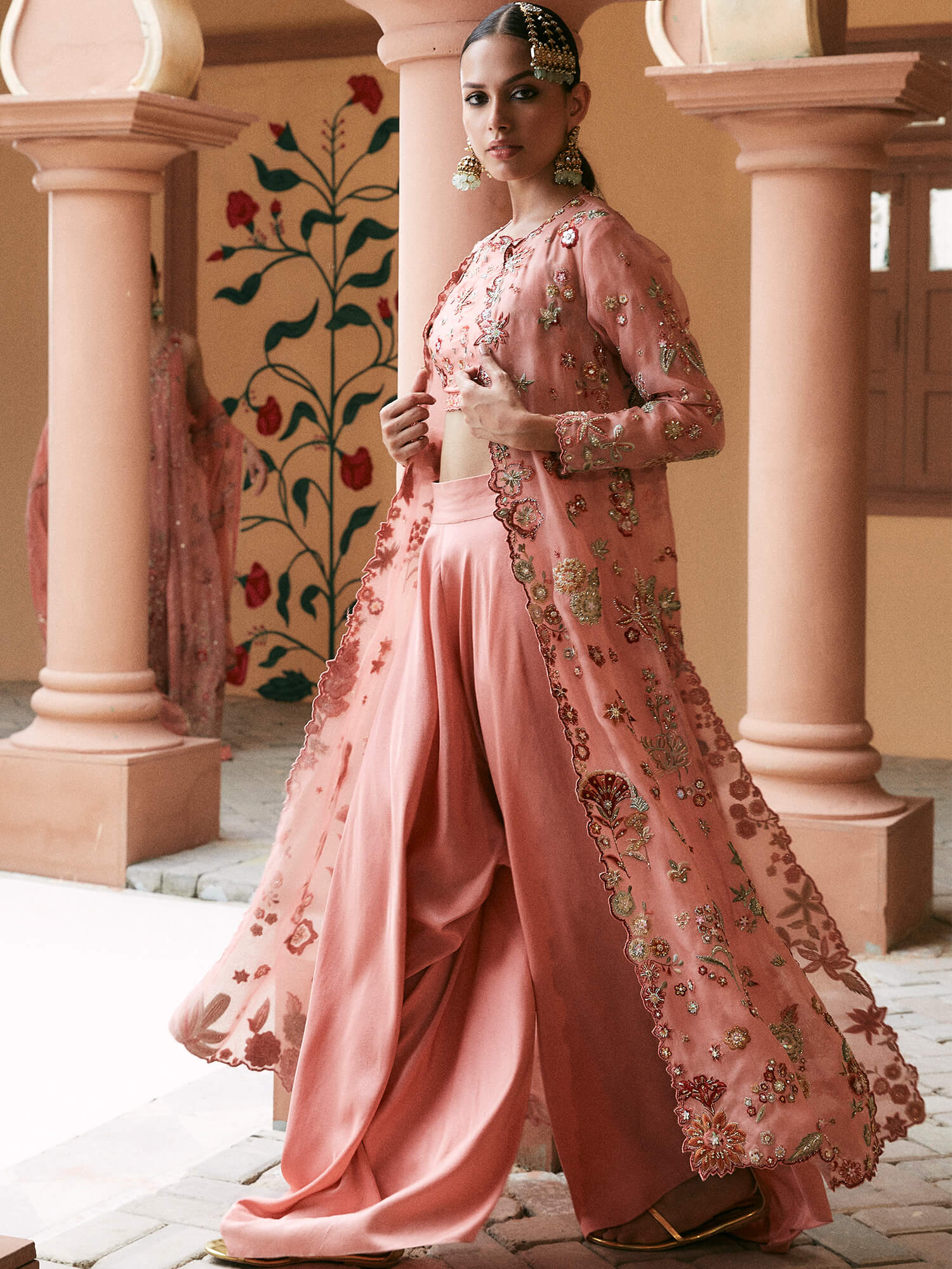 Coral Embroidered Organza Coat 3-Piece Set - Image 4