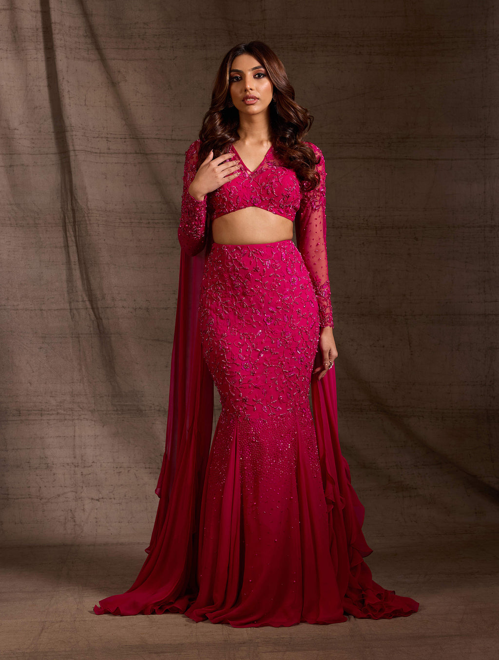 Indian Hot Pink Beaded Georgette Fishtail Skirt Set (2-Piece) - Image 1