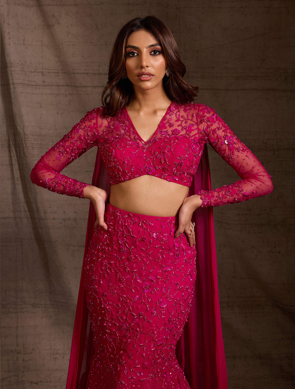 Indian Hot Pink Beaded Georgette Fishtail Skirt Set (2-Piece) - Image 2