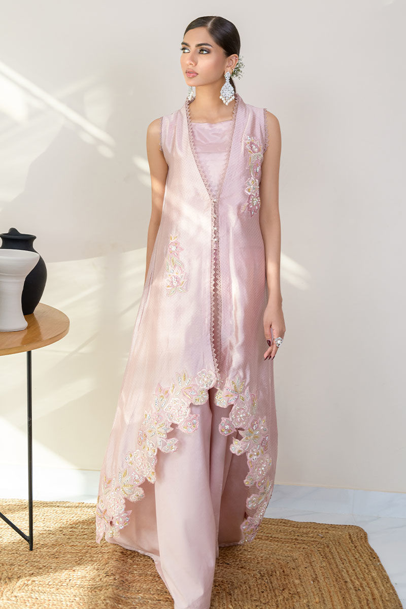 Tissue Pink Embroidered Mirror Silk Jacket Co-ord (2-Piece) - Image 1