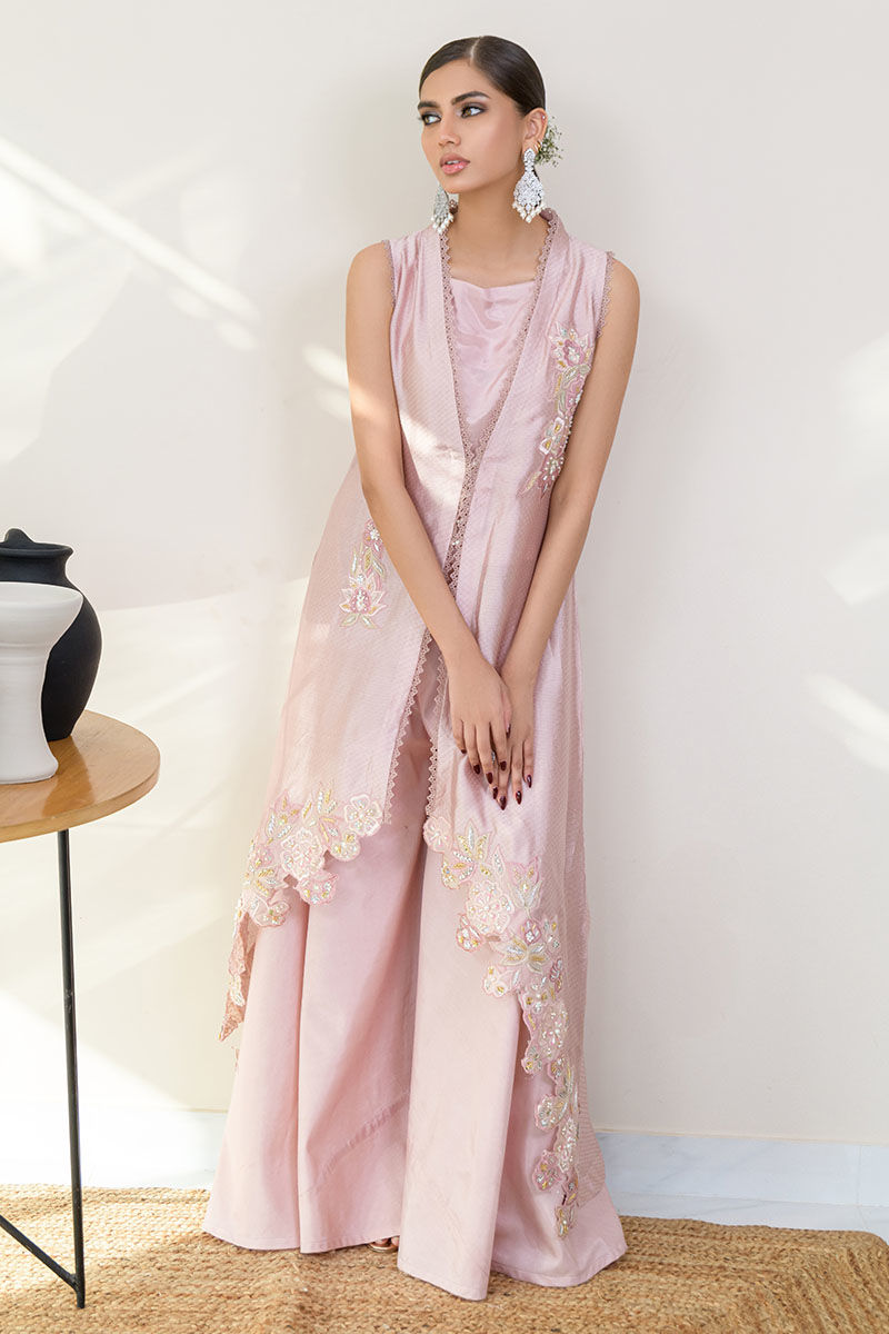 Tissue Pink Embroidered Mirror Silk Jacket Co-ord (2-Piece) - Image 2