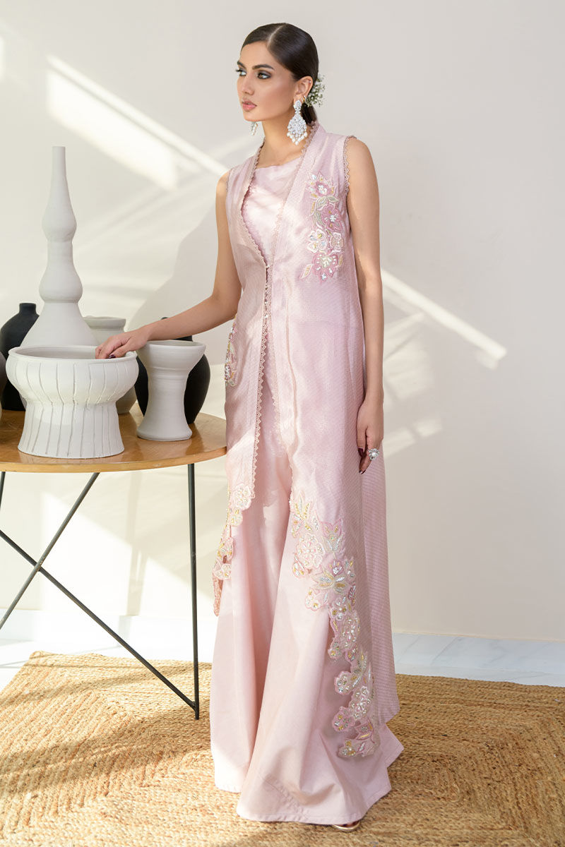 Tissue Pink Embroidered Mirror Silk Jacket Co-ord (2-Piece) - Image 3