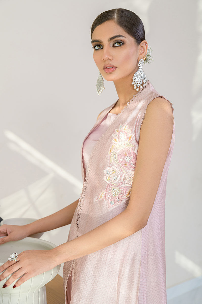 Tissue Pink Embroidered Mirror Silk Jacket Co-ord (2-Piece) - Image 6