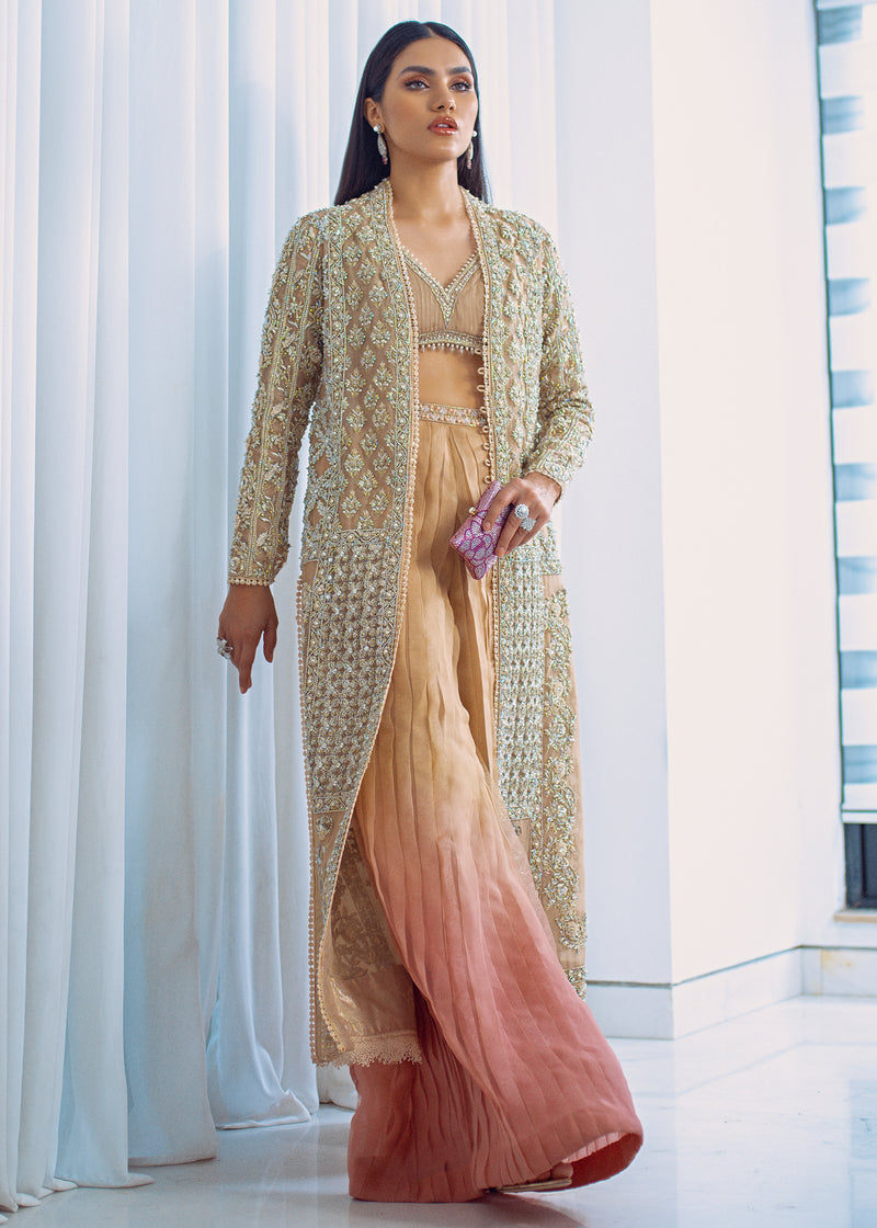 Peach Embellished Organza Long Jacket Co-ord Set (3-Piece) - Image 1