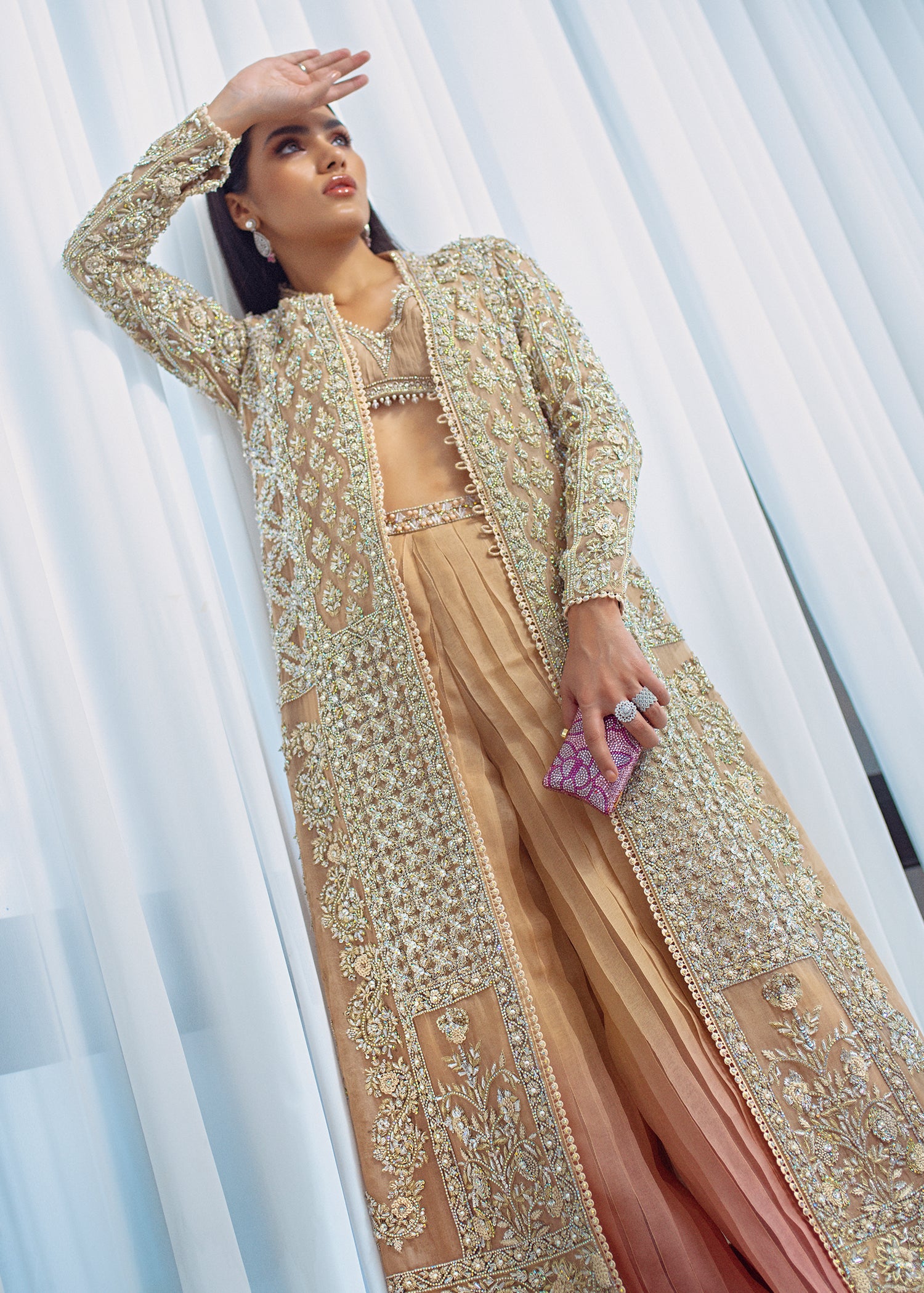 Peach Embellished Organza Long Jacket Co-ord Set (3-Piece) - Image 4