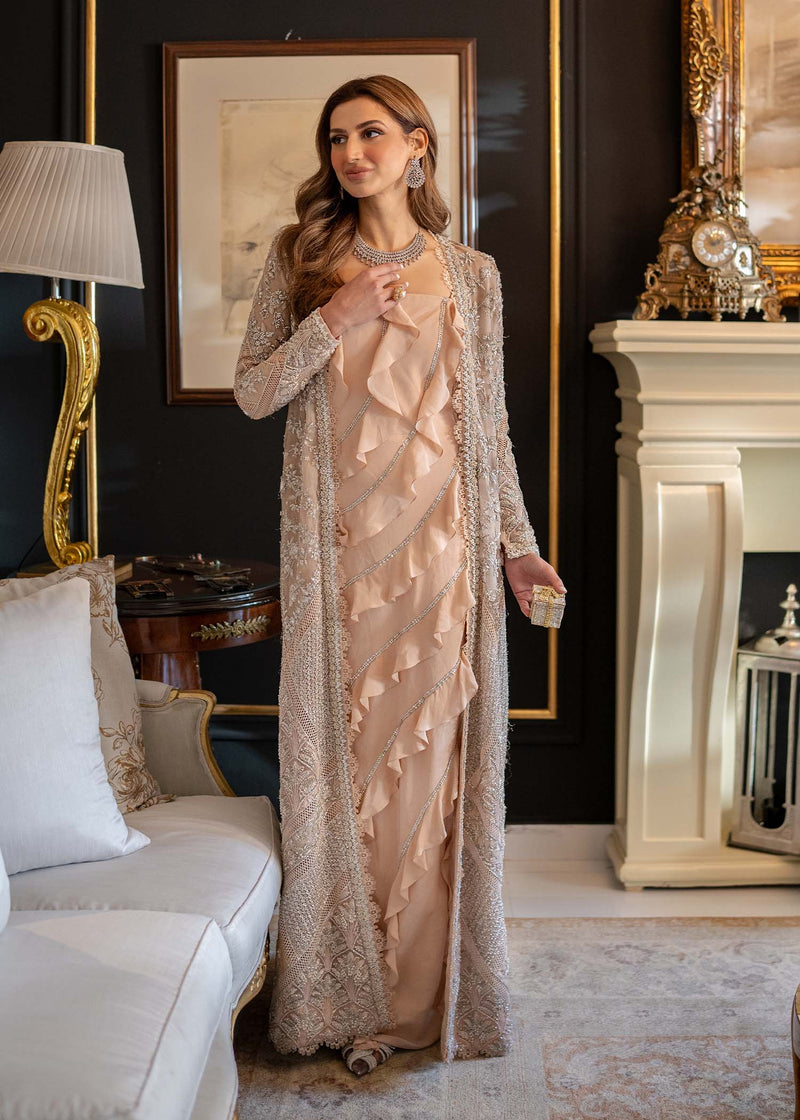 Soft Peach Embroidered Organza Gown Set (3-Piece) - Image 1