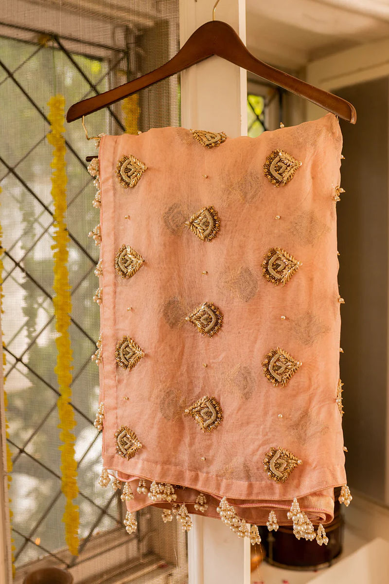 Pakistani Tea Pink Mukesh Organza Dupatta (1-Pc) - Image 1