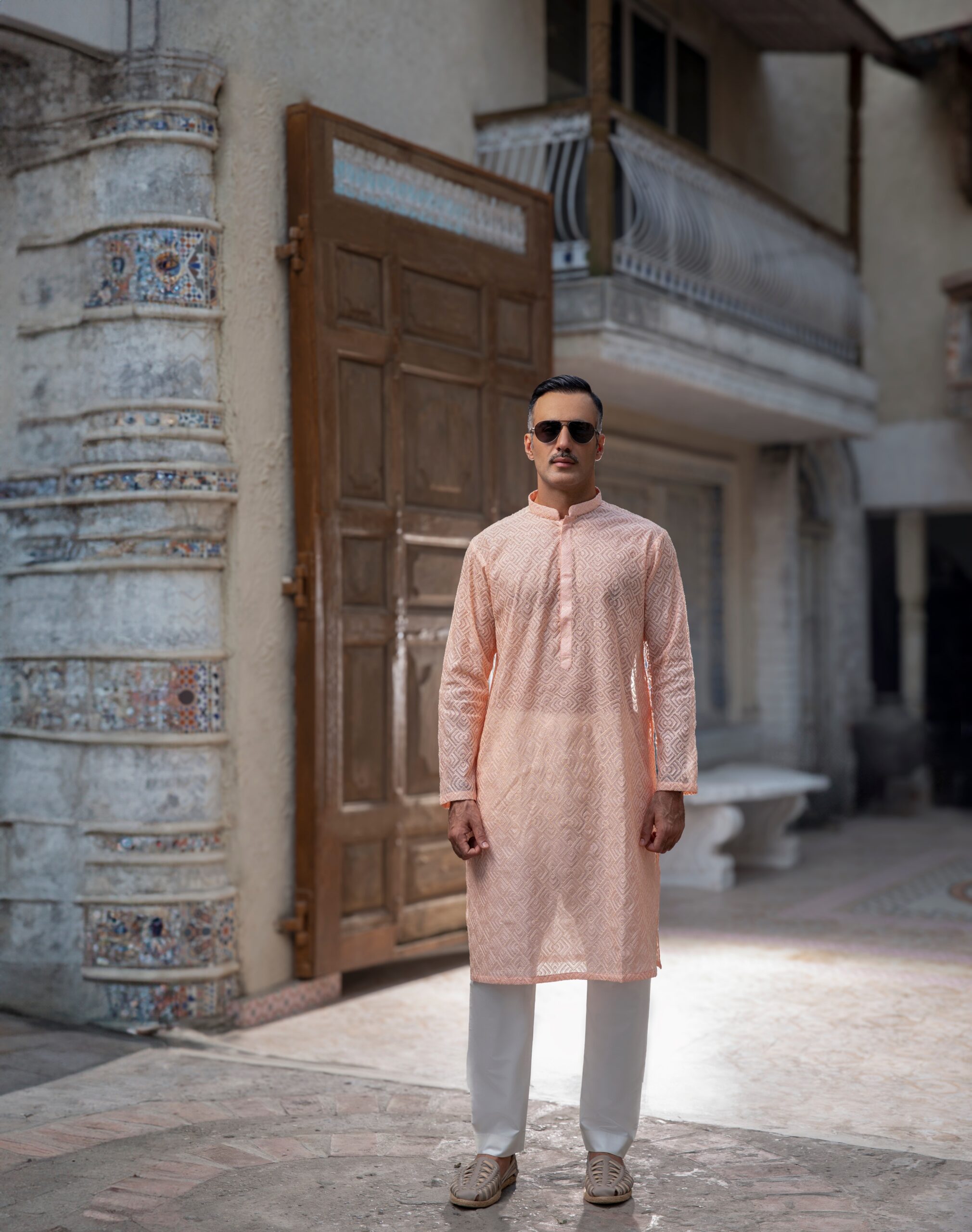 Light Peach Chikankari Embroidered Men's Kurta (2-Piece) - Image 1