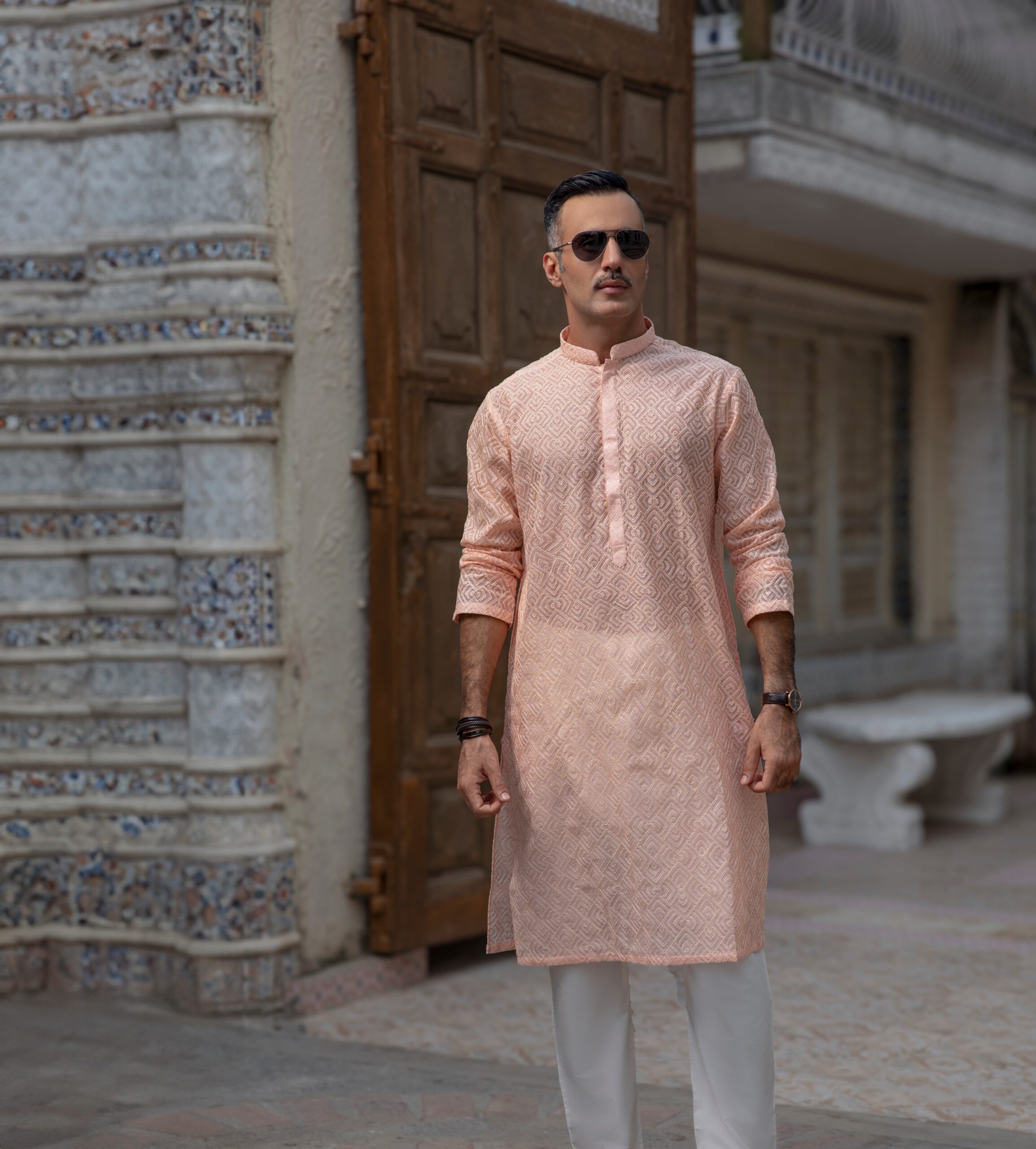 Light Peach Chikankari Embroidered Men's Kurta (2-Piece) - Image 2