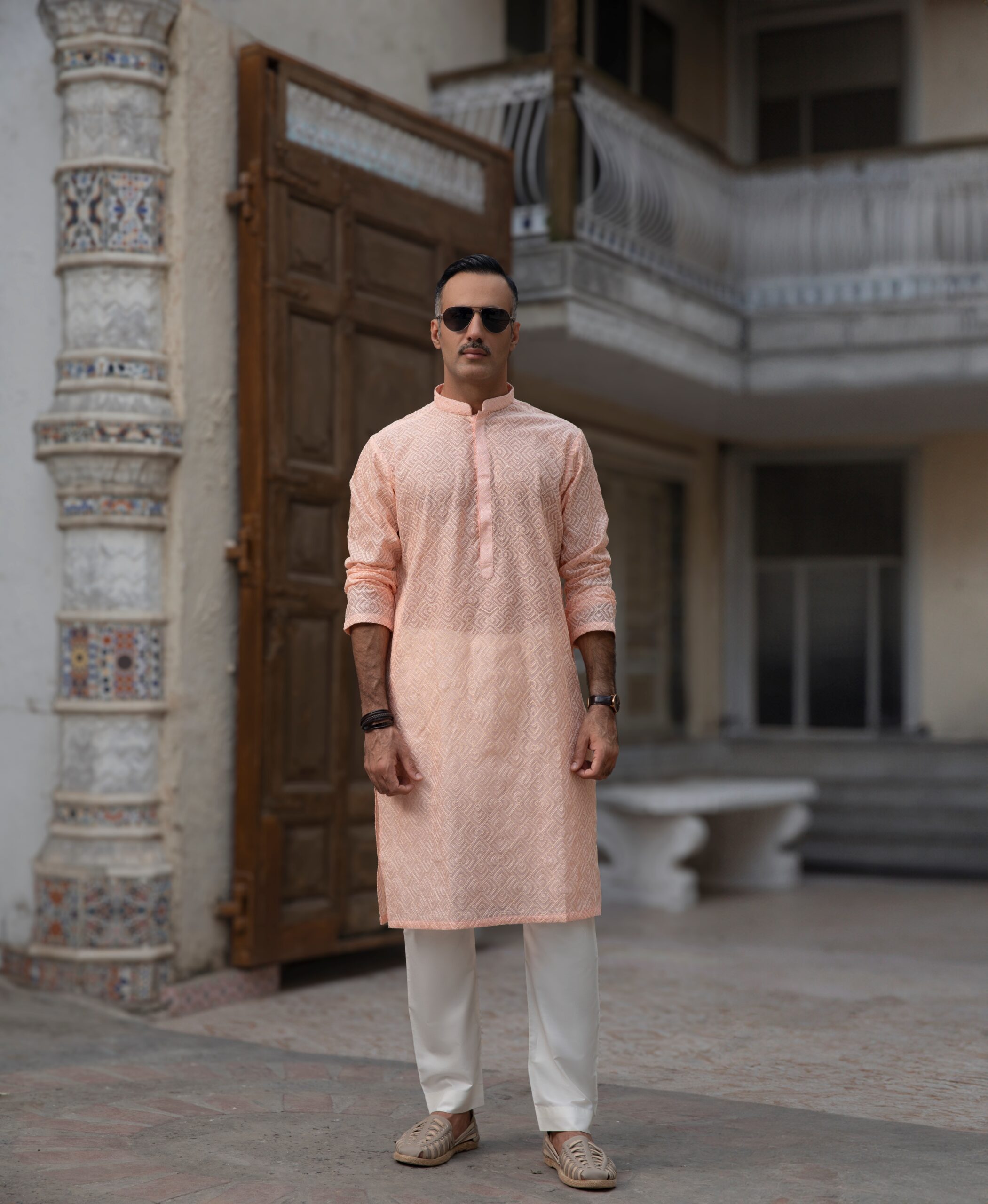 Light Peach Chikankari Embroidered Men's Kurta (2-Piece) - Image 3
