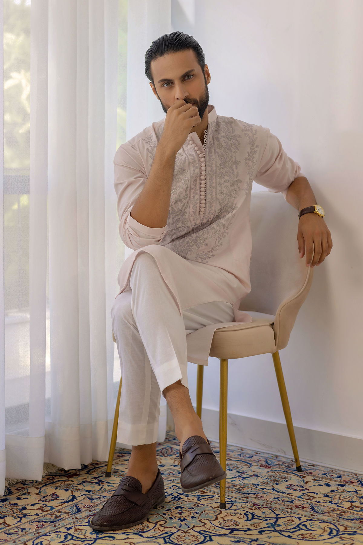 Salmon Zari Embroidered Cotton Net Kurta (2-Piece) - Image 1