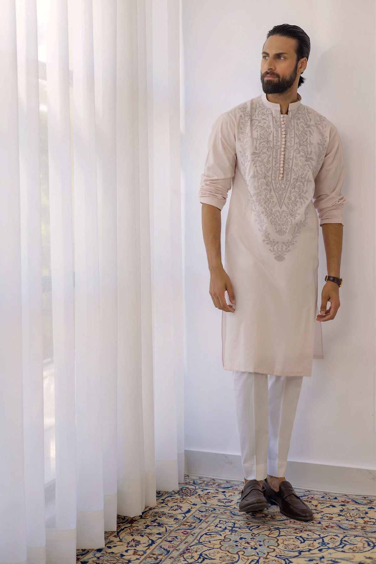 Salmon Zari Embroidered Cotton Net Kurta (2-Piece) - Image 2