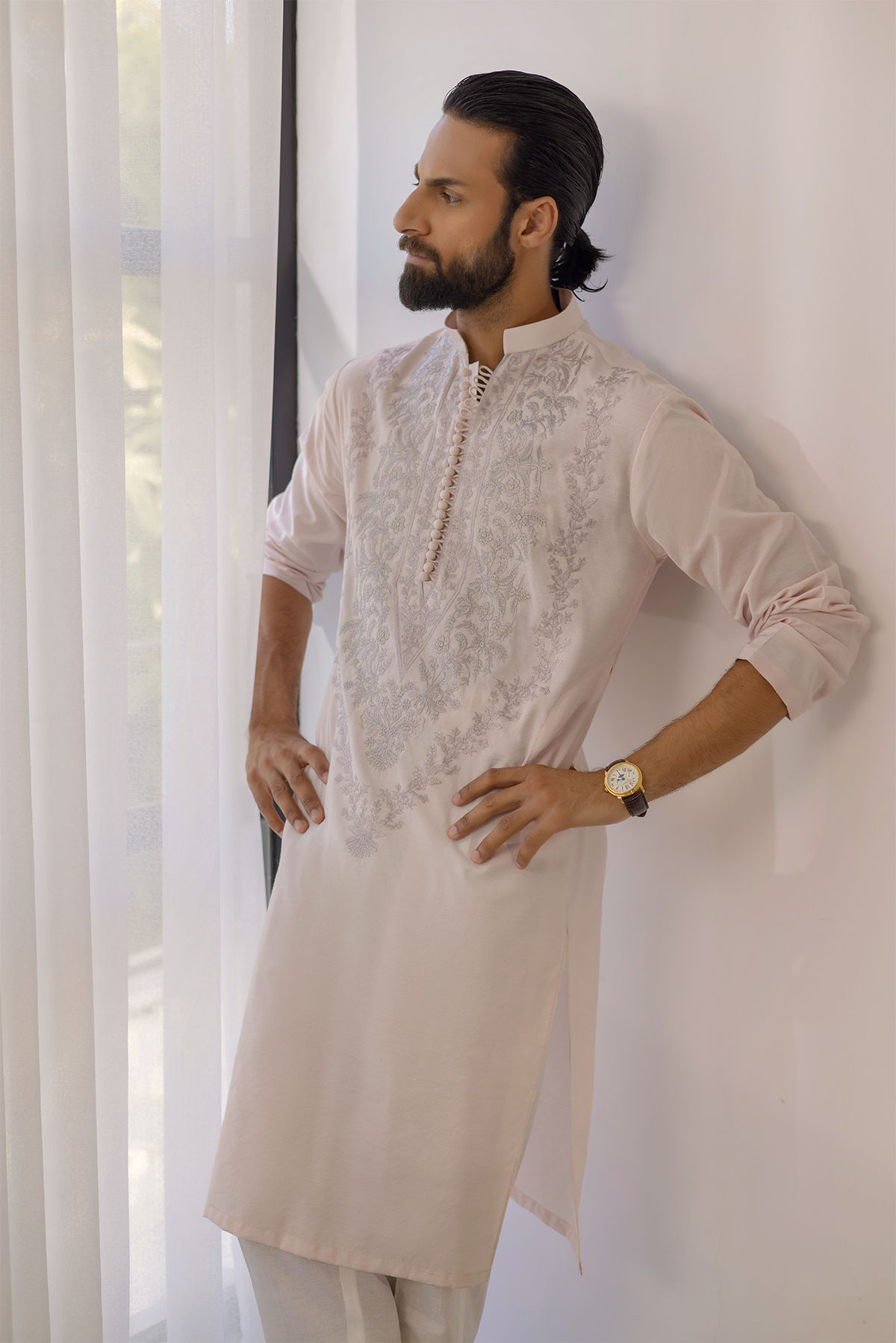 Salmon Zari Embroidered Cotton Net Kurta (2-Piece) - Image 3