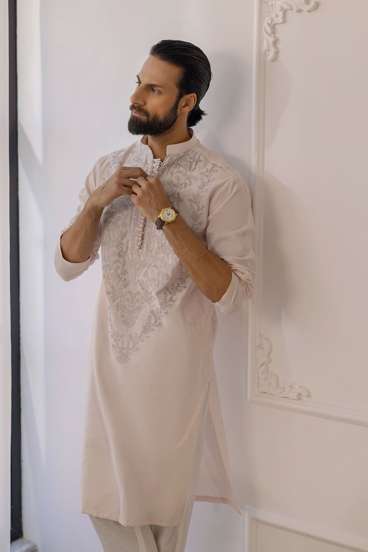 Salmon Zari Embroidered Cotton Net Kurta (2-Piece) - Image 4