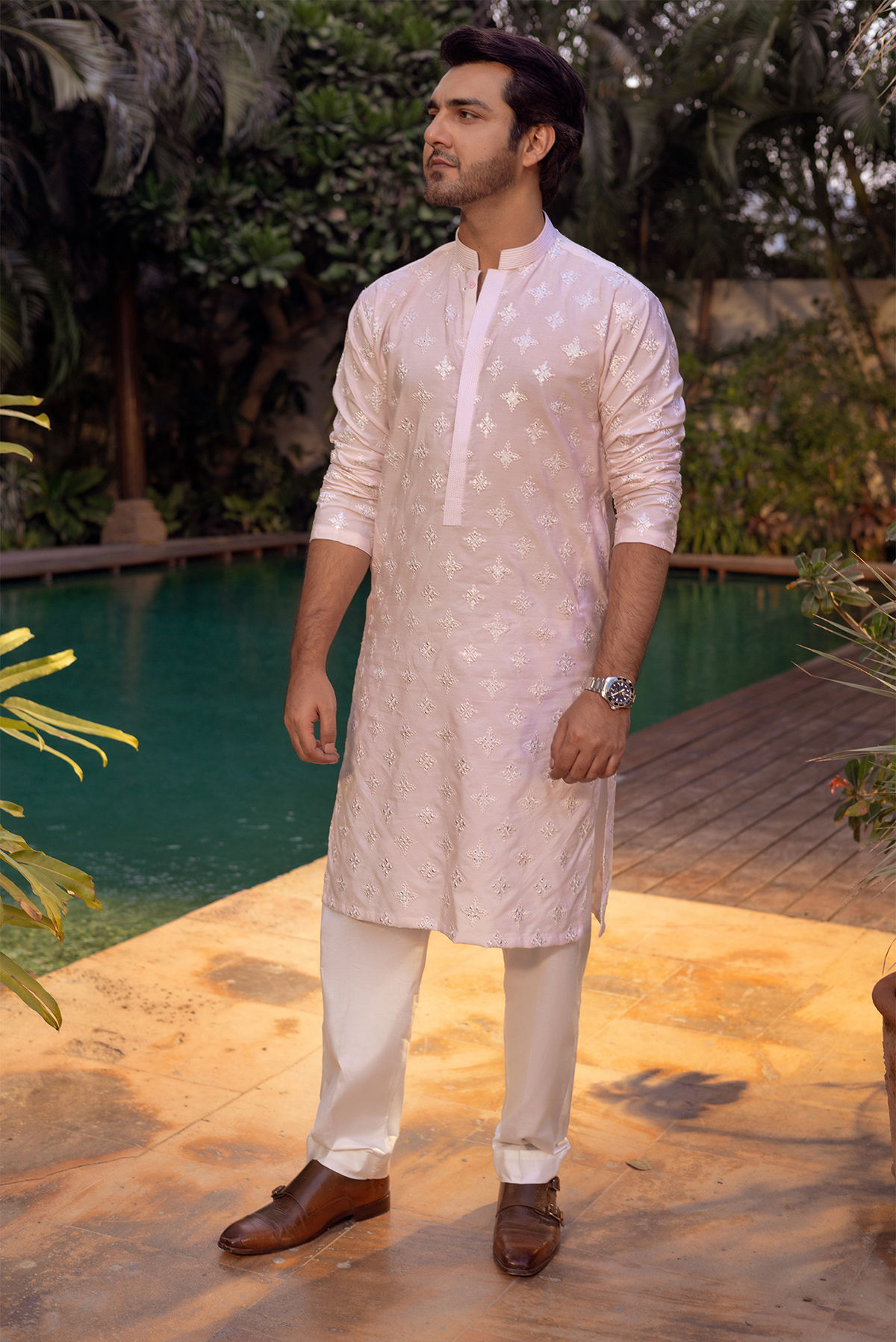 Rose Pink Self-Embroidered Cotton-Silk Kurta (2-Piece) - Image 1