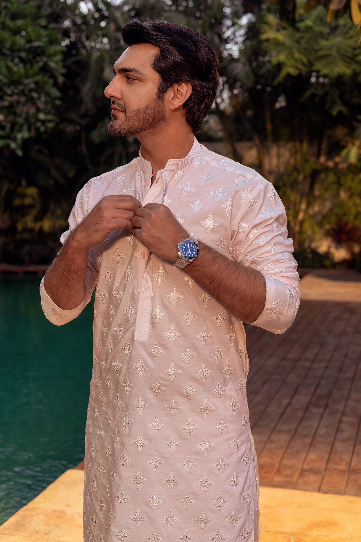 Rose Pink Self-Embroidered Cotton-Silk Kurta (2-Piece) - Image 2