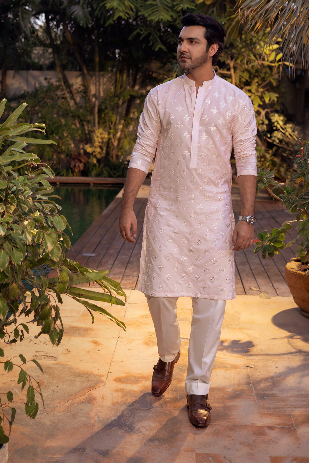 Rose Pink Self-Embroidered Cotton-Silk Kurta (2-Piece) - Image 3