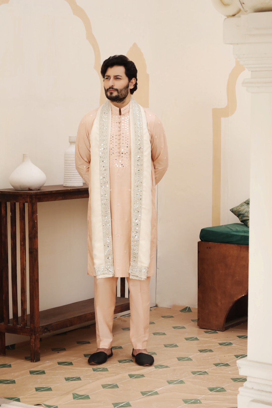 Light Pink Shisha Embroidered Cotton Silk Kurta Pajama (3-Piece) - Image 1