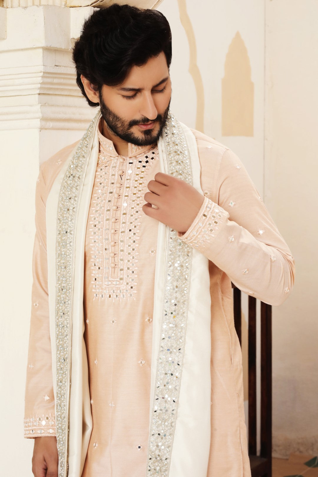 Light Pink Shisha Embroidered Cotton Silk Kurta Pajama (3-Piece) - Image 2