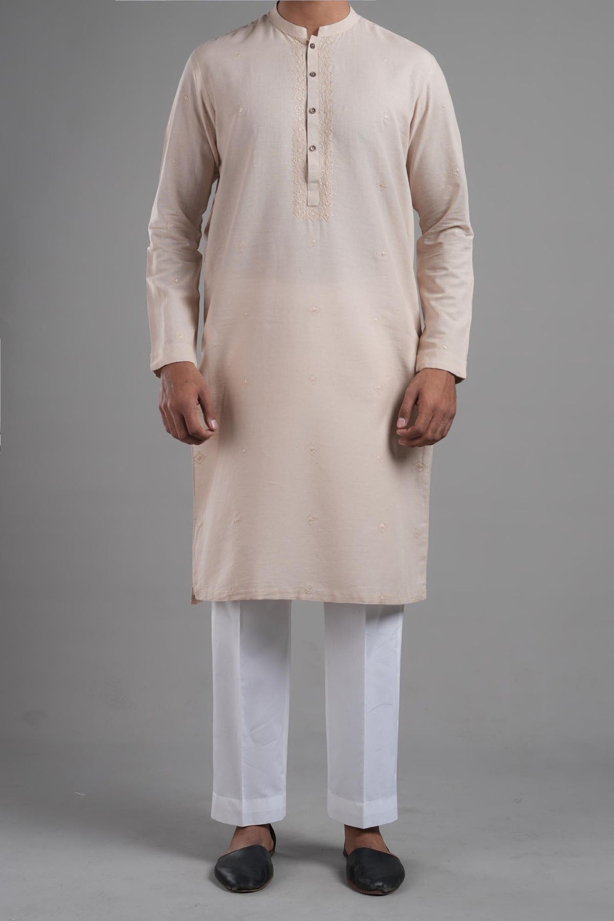 Peach Hand-Embroidered Cotton-Silk Kurta (2-Piece) - Image 1
