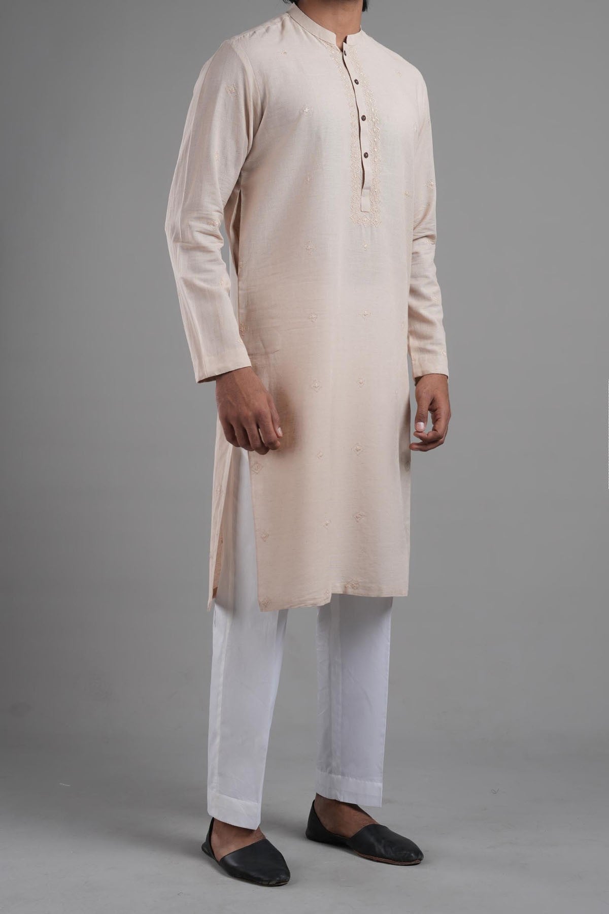Peach Hand-Embroidered Cotton-Silk Kurta (2-Piece) - Image 3