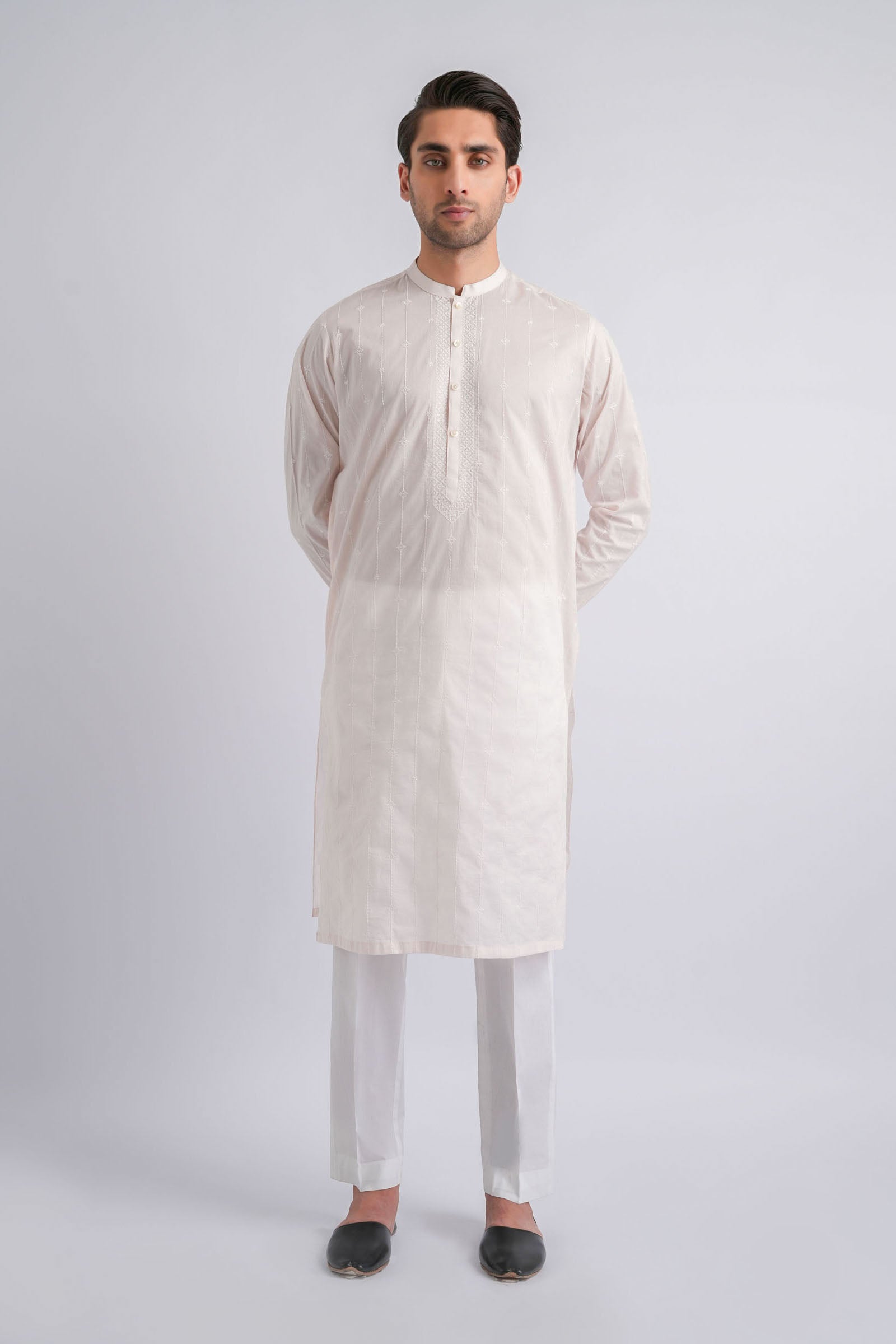 Pearl Pink Embroidered Egyptian Cotton Kurta (2-Piece) - Image 3