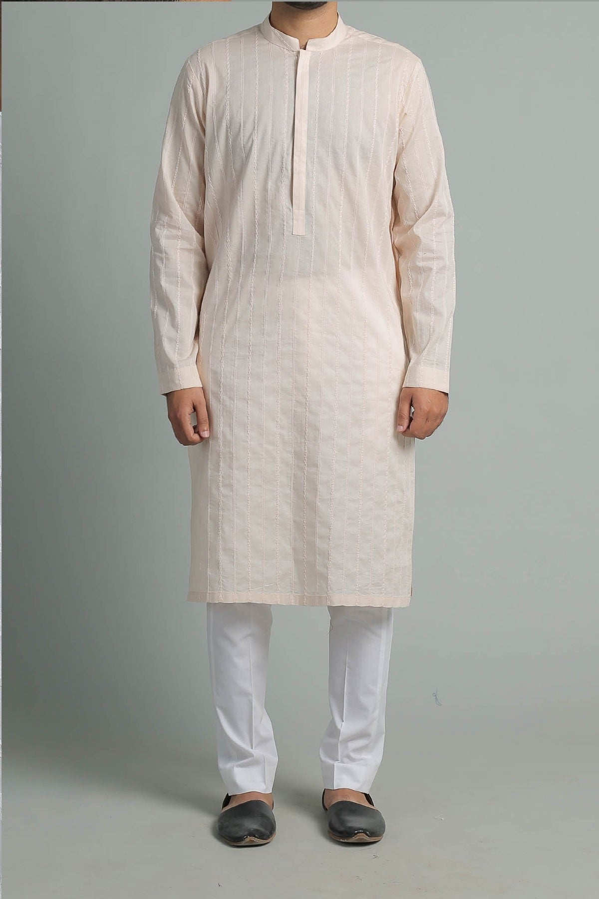 Powder Pink Embroidered Egyptian Cotton Kurta (2-Piece) - Image 1