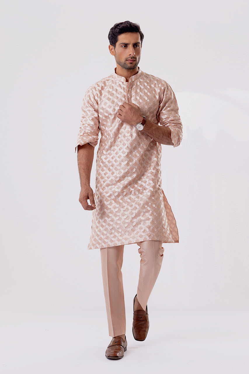 Blush Pink Self-Embroidered Raw Silk Kurta (2-Piece) - Image 1