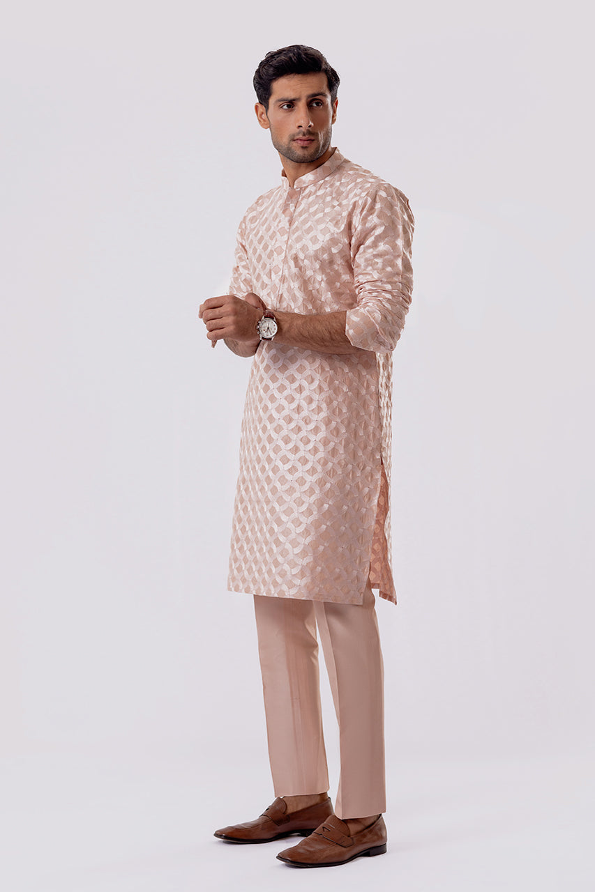 Blush Pink Self-Embroidered Raw Silk Kurta (2-Piece) - Image 3