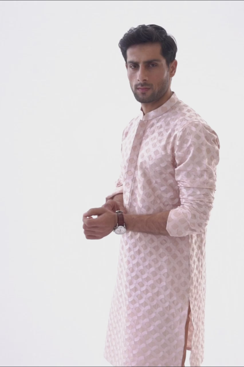 Blush Pink Self-Embroidered Raw Silk Kurta (2-Piece) - Image 4