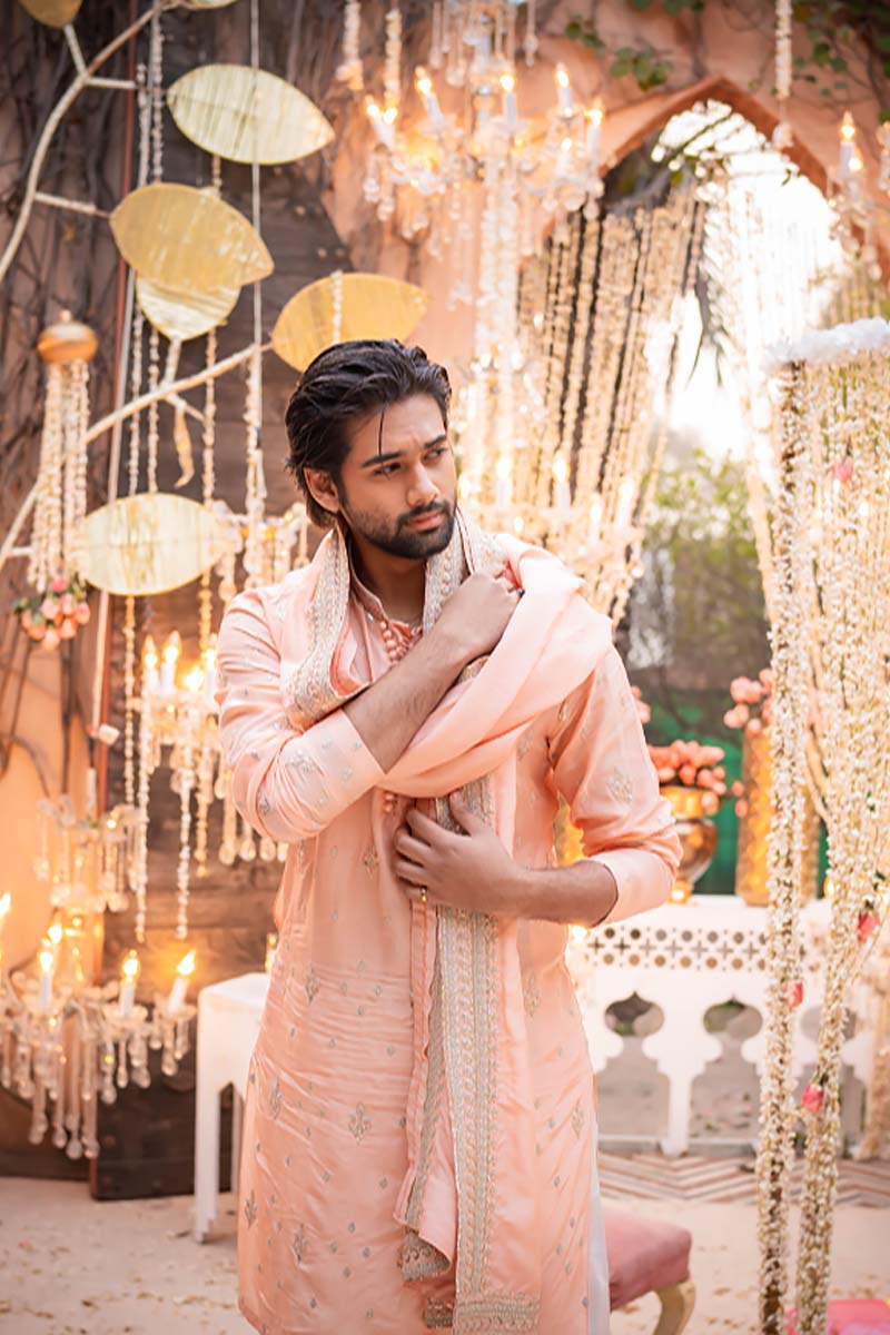 Peach Pink Embroidered Raw Silk Kurta (3-Piece) - Image 1