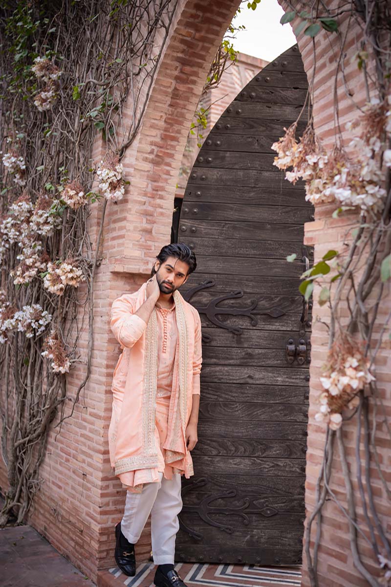 Peach Pink Embroidered Raw Silk Kurta (3-Piece) - Image 10