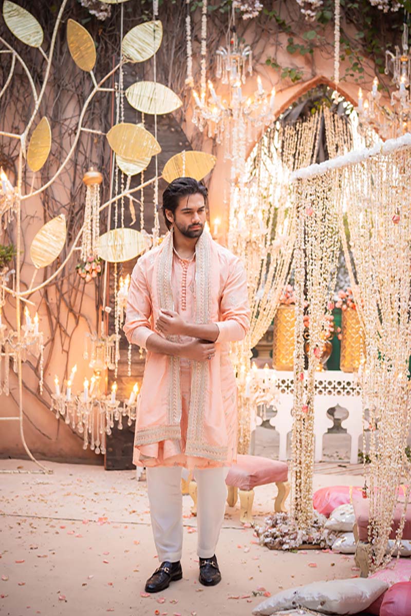 Peach Pink Embroidered Raw Silk Kurta (3-Piece) - Image 2