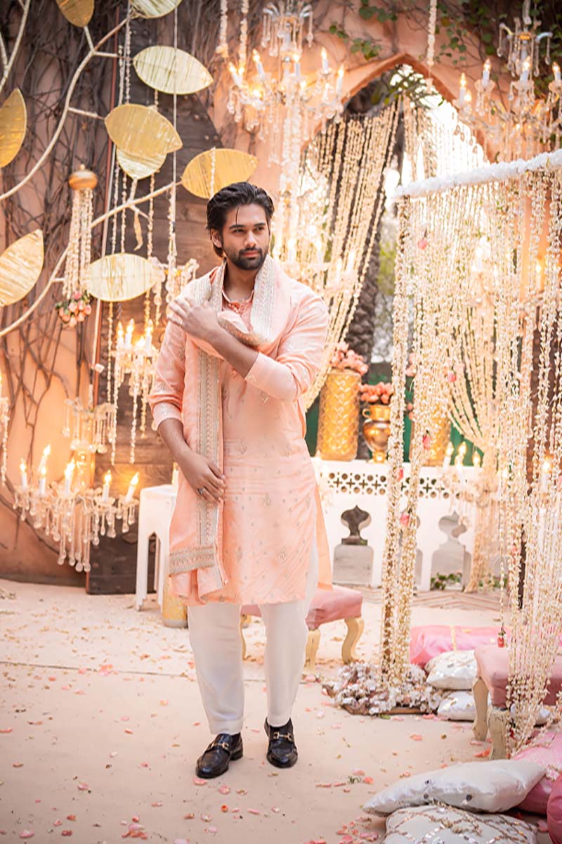 Peach Pink Embroidered Raw Silk Kurta (3-Piece) - Image 3