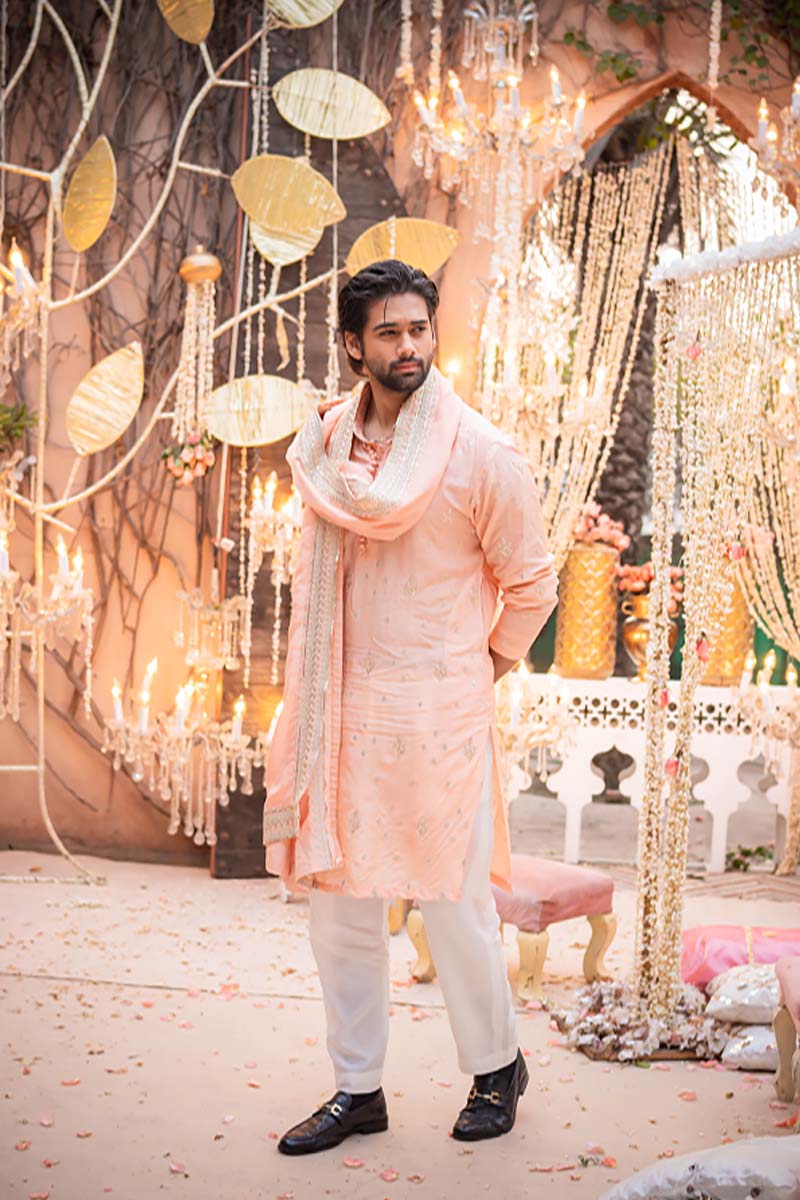 Peach Pink Embroidered Raw Silk Kurta (3-Piece) - Image 5