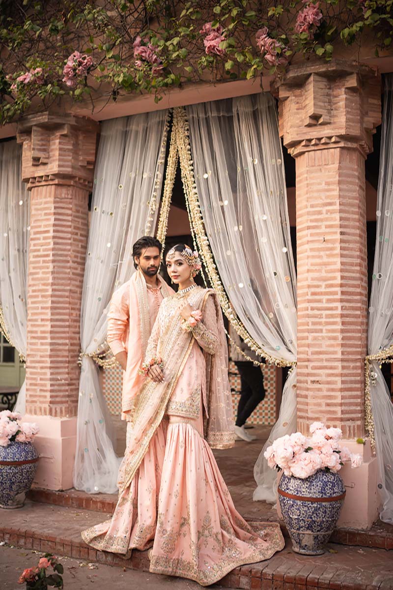 Peach Pink Embroidered Raw Silk Kurta (3-Piece) - Image 6