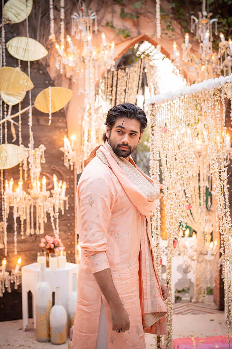 Peach Pink Embroidered Raw Silk Kurta (3-Piece) - Image 7