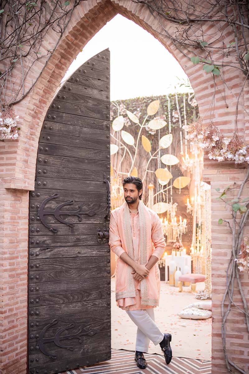 Peach Pink Embroidered Raw Silk Kurta (3-Piece) - Image 8