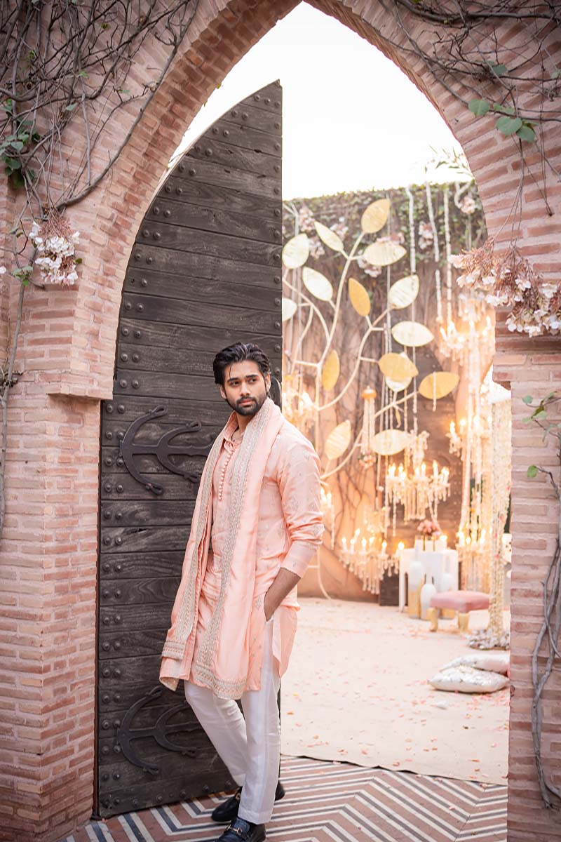 Peach Pink Embroidered Raw Silk Kurta (3-Piece) - Image 9