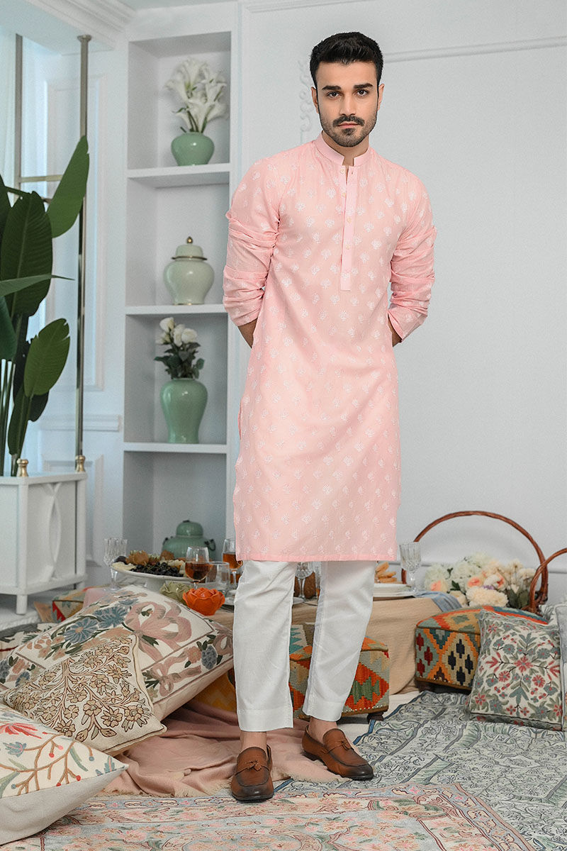 Powder Pink Schiffli Cotton Embroidered Kurta (2-Piece) - Image 1
