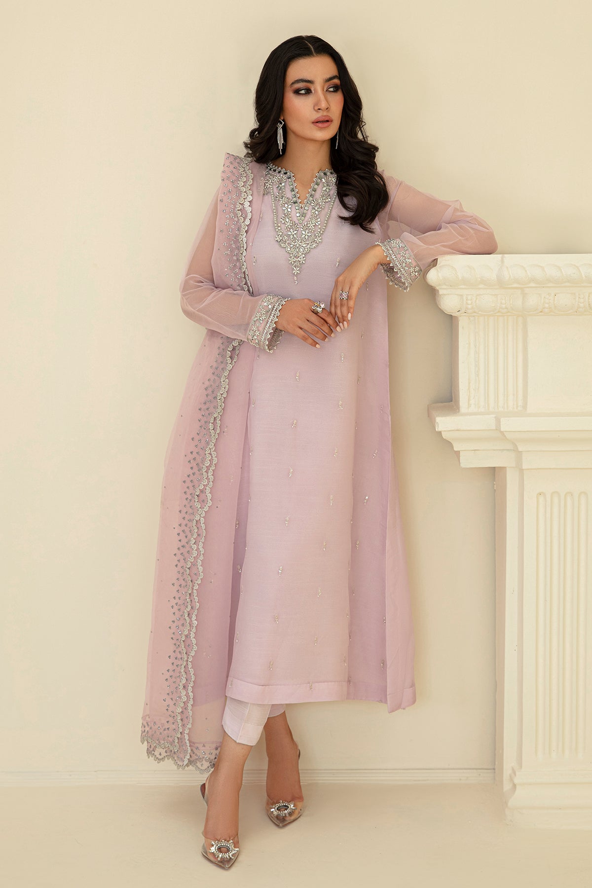 Pakistani Soft Pink Embroidered Chiffon Frock (3-Piece) - Image 1