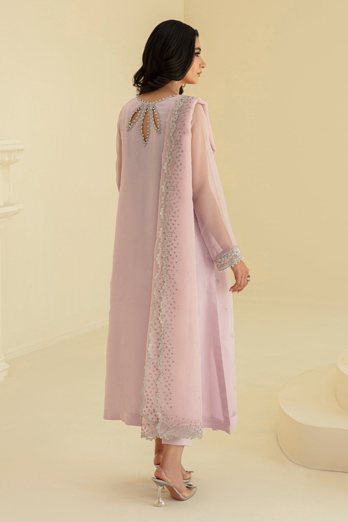 Pakistani Soft Pink Embroidered Chiffon Frock (3-Piece) - Image 2