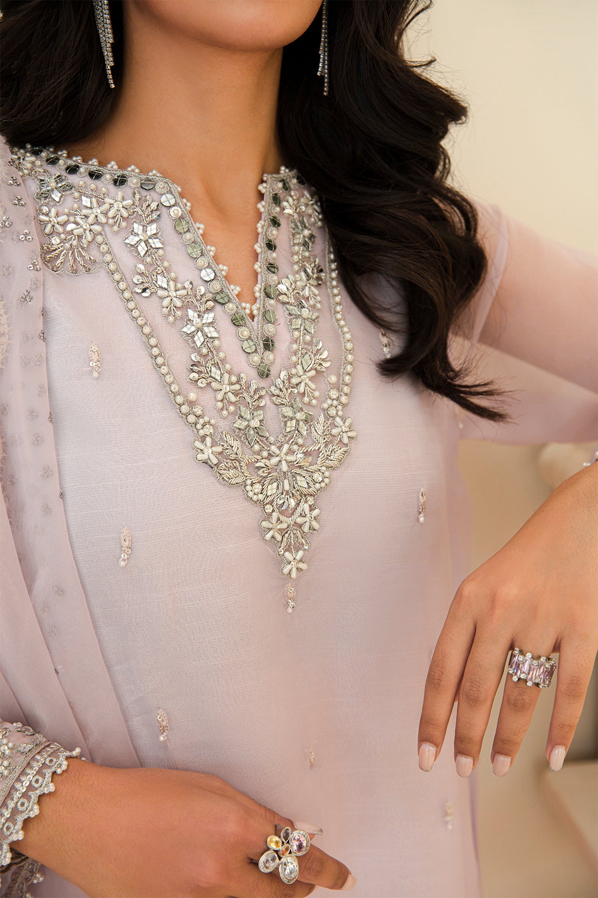 Pakistani Soft Pink Embroidered Chiffon Frock (3-Piece) - Image 3