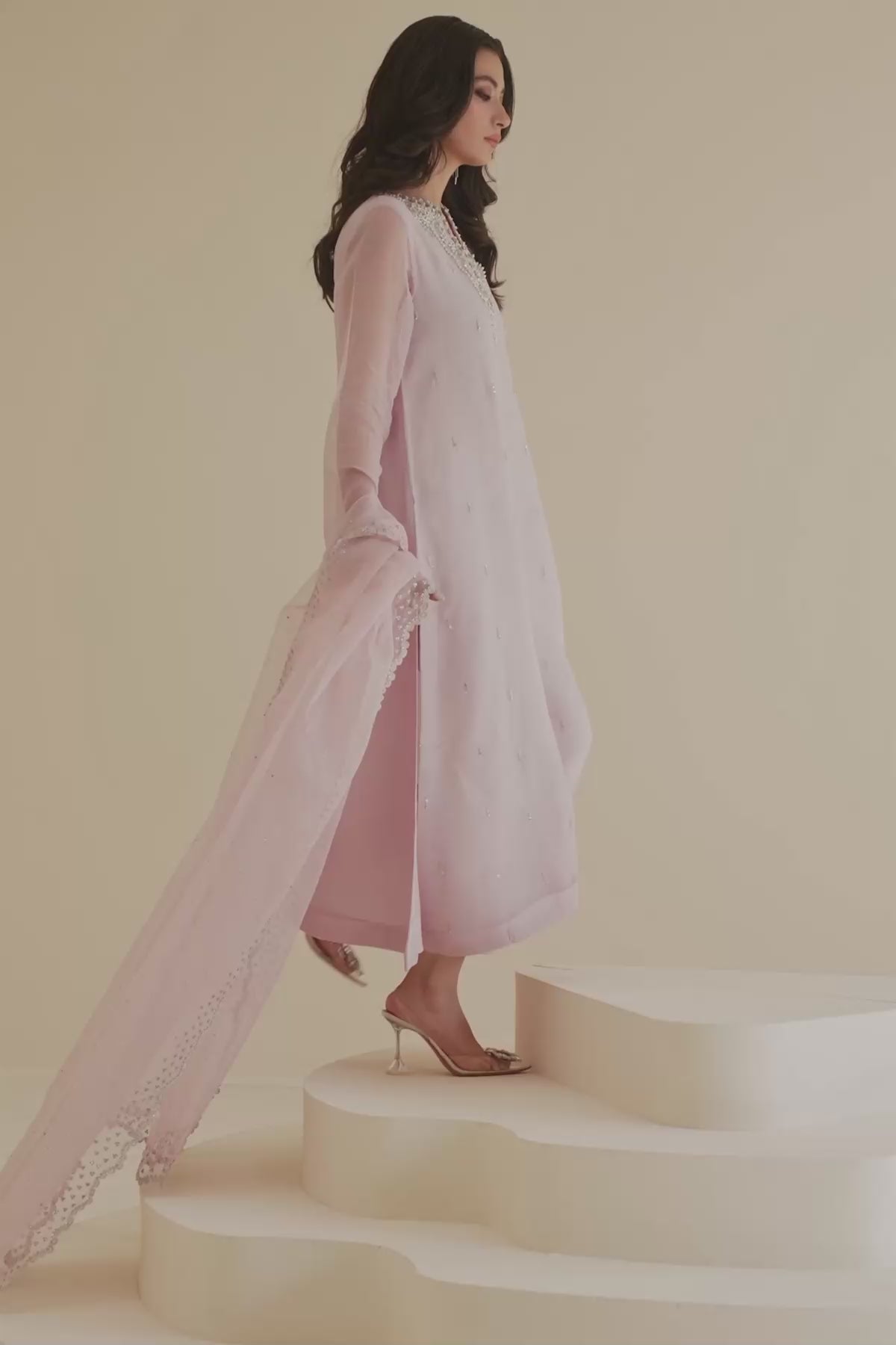 Pakistani Soft Pink Embroidered Chiffon Frock (3-Piece) - Image 4