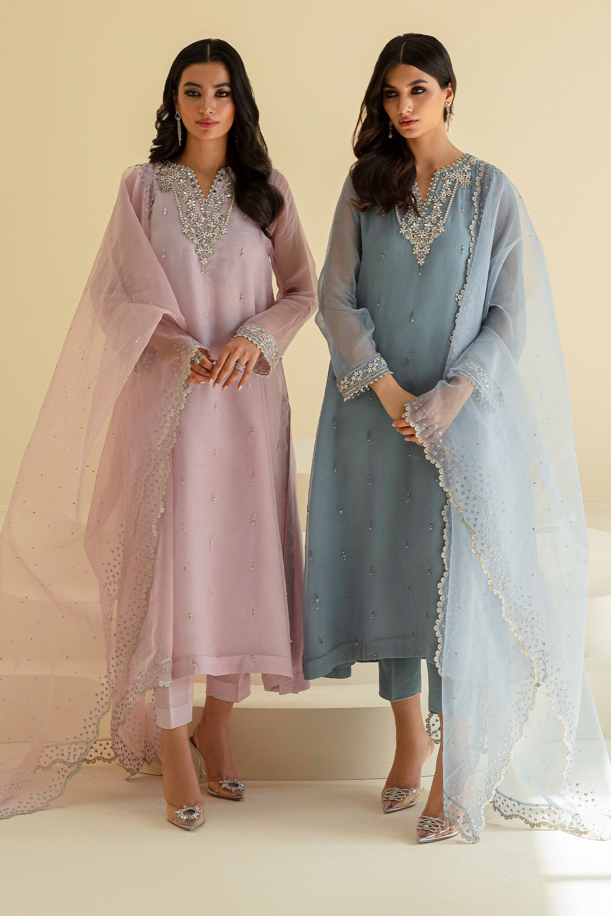 Pakistani Soft Pink Embroidered Chiffon Frock (3-Piece) - Image 5