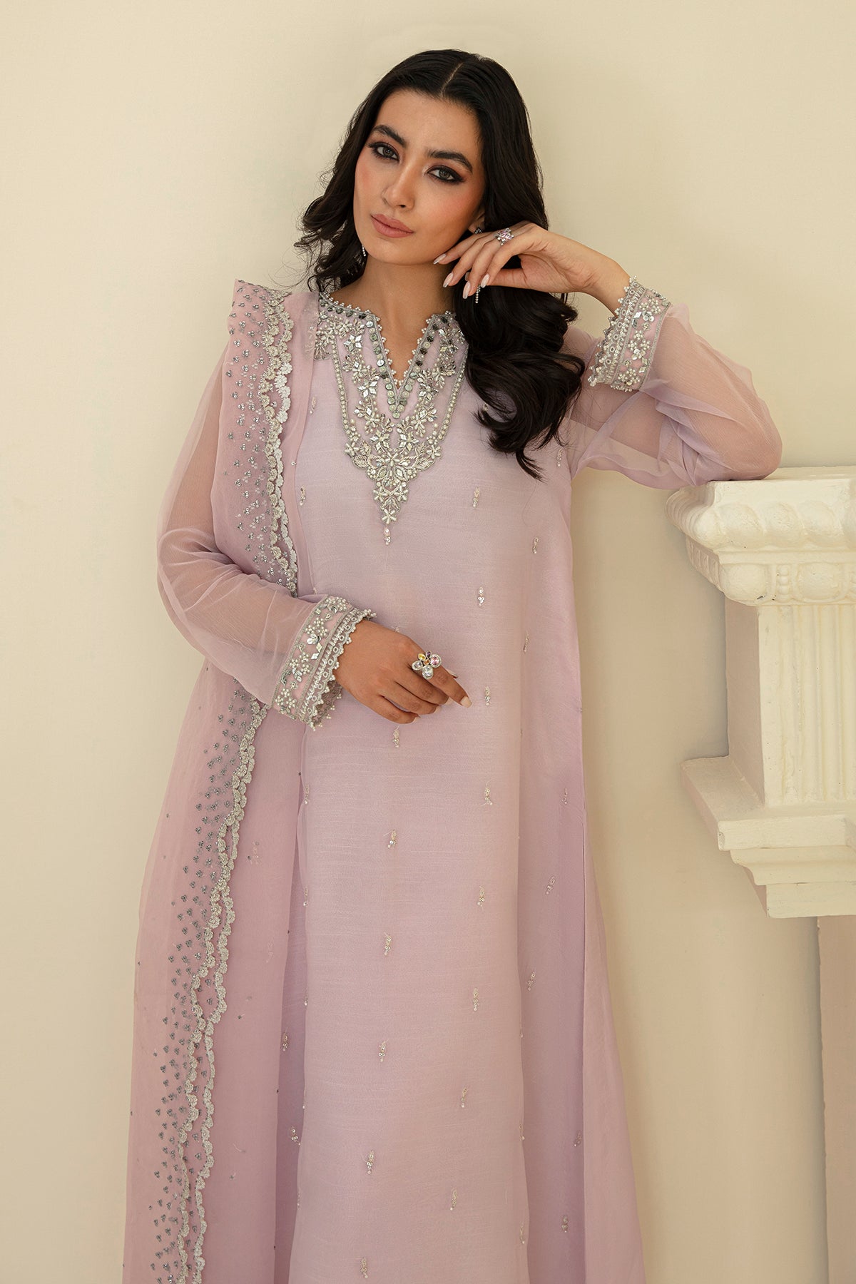 Pakistani Soft Pink Embroidered Chiffon Frock (3-Piece) - Image 8