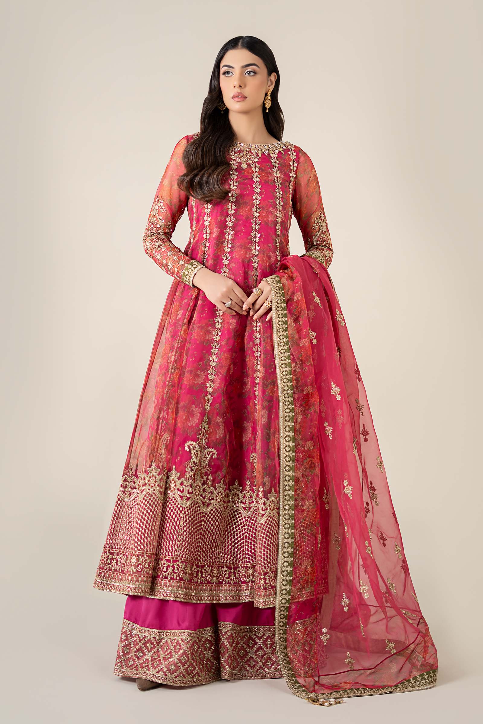Pakistani Pink Hand-Embellished Organza Frock (3-Piece) - Image 1