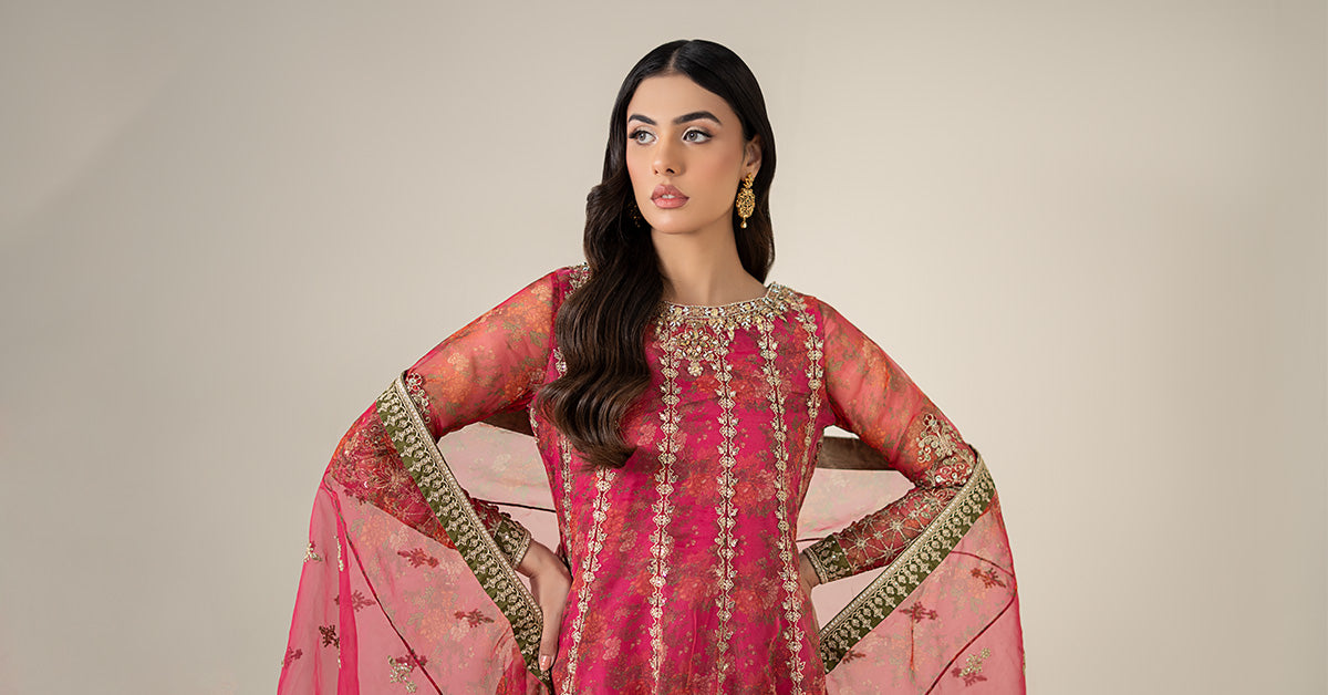 Pakistani Pink Hand-Embellished Organza Frock (3-Piece) - Image 10